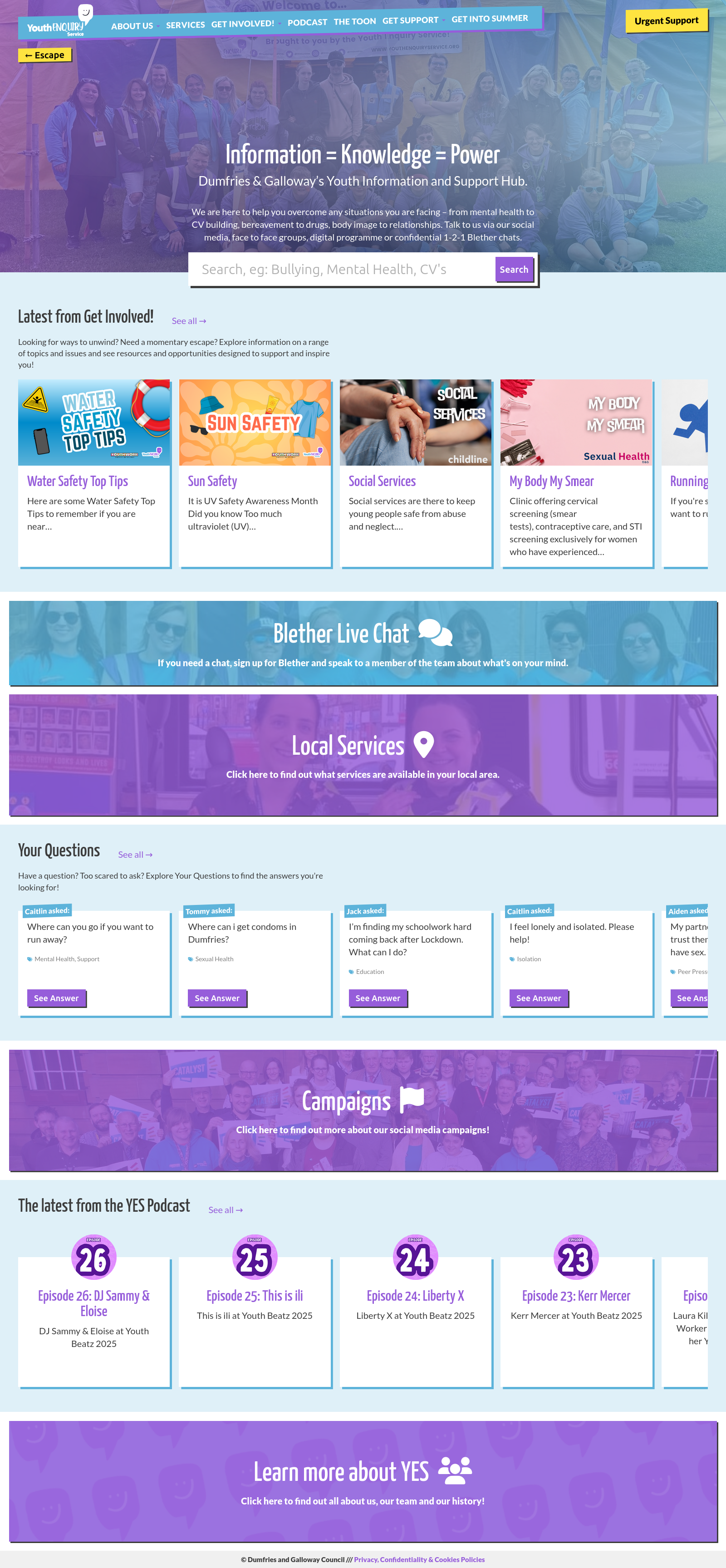 Youth Enquiry Service website screenshot
